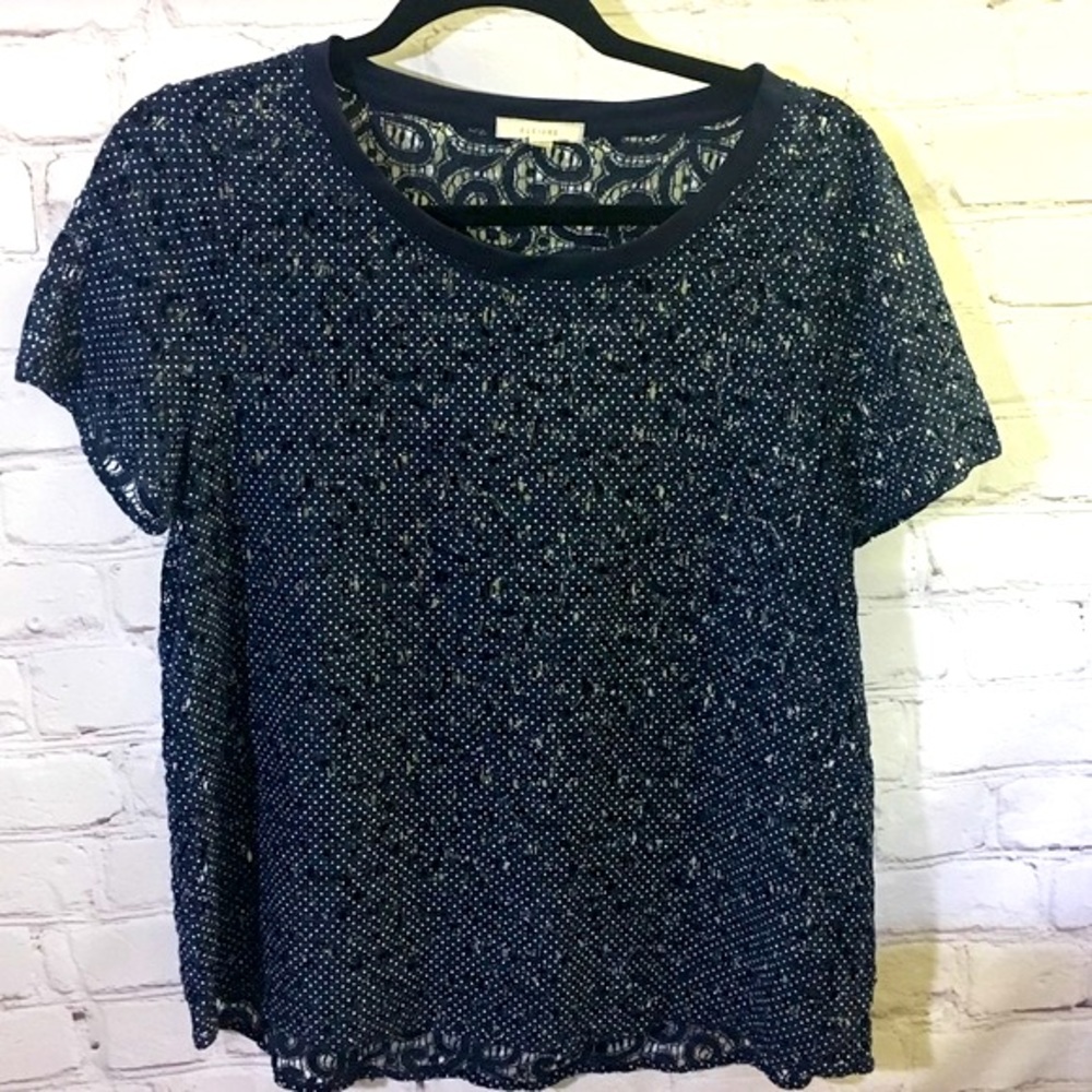 3/$25 Pleione Swiss Dot Lacy Navy Top Size Small